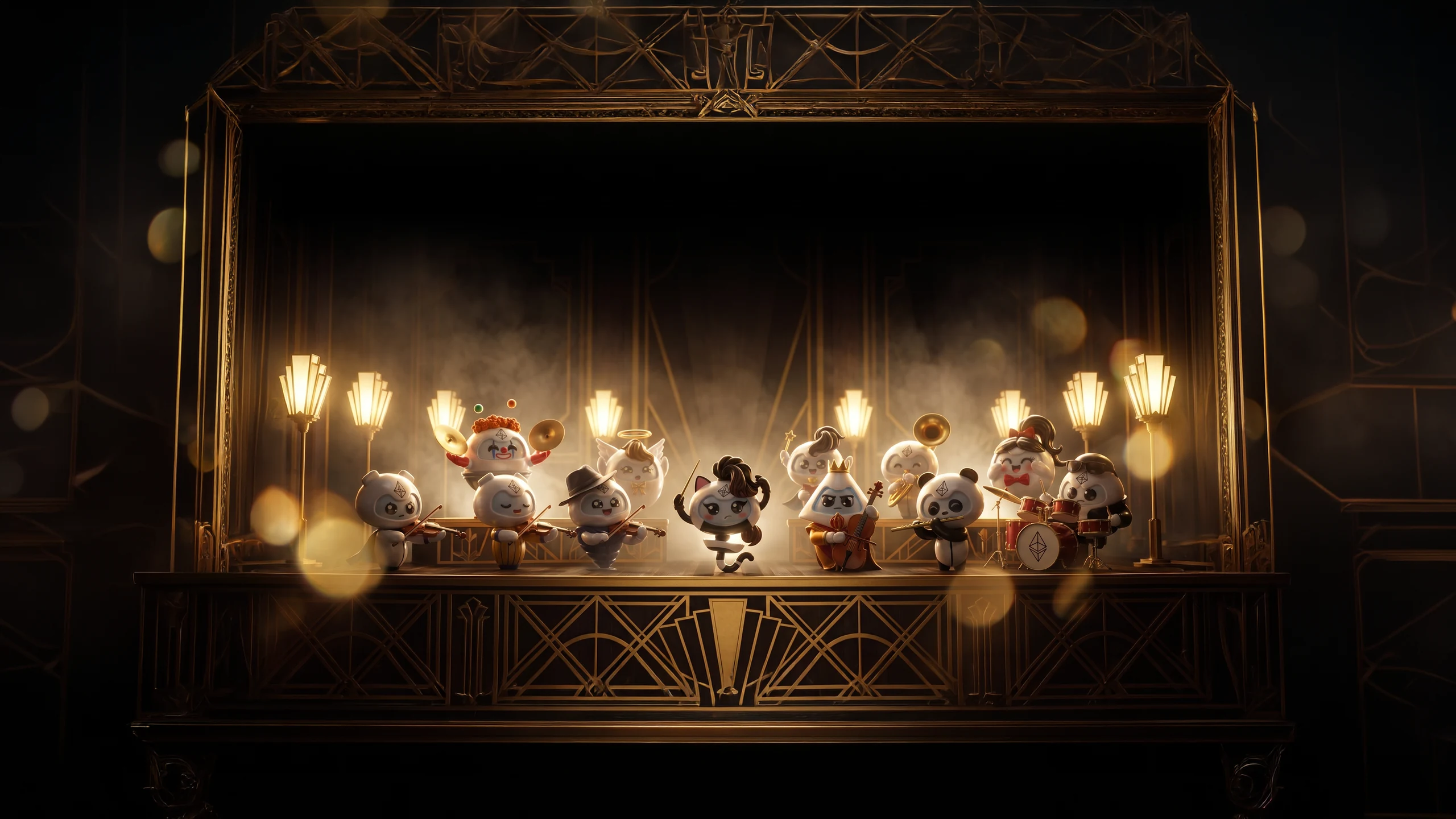 Dua belas maskot archetype Brandink bermain musik di panggung art deco